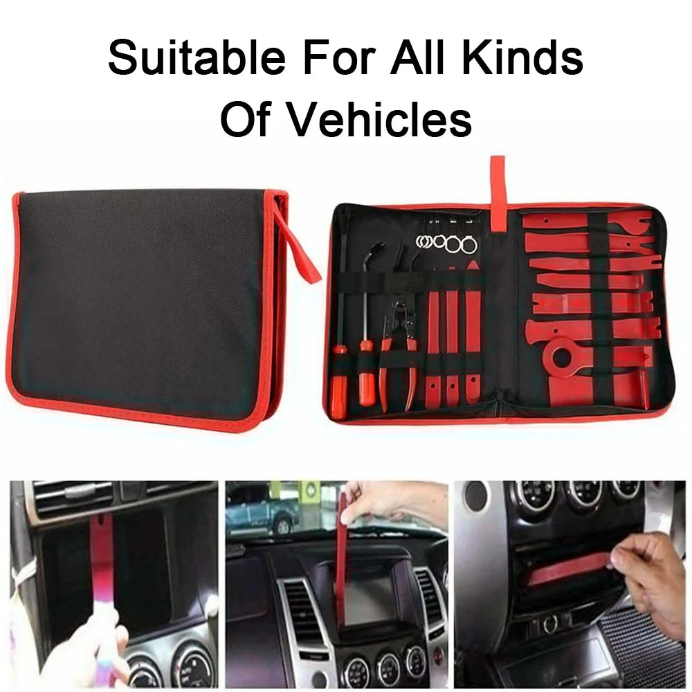 Zestaw Narzędzi Do Tapicerki w torbie, idealny do demontowania elementów wnętrza auta w różnych pojazdach.